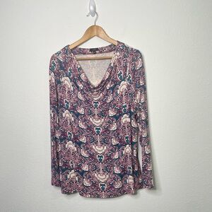 Talbots Scoop Drape Neck‎ Purple Blue Floral Long Sleeve Top Plus Size 2X Petite